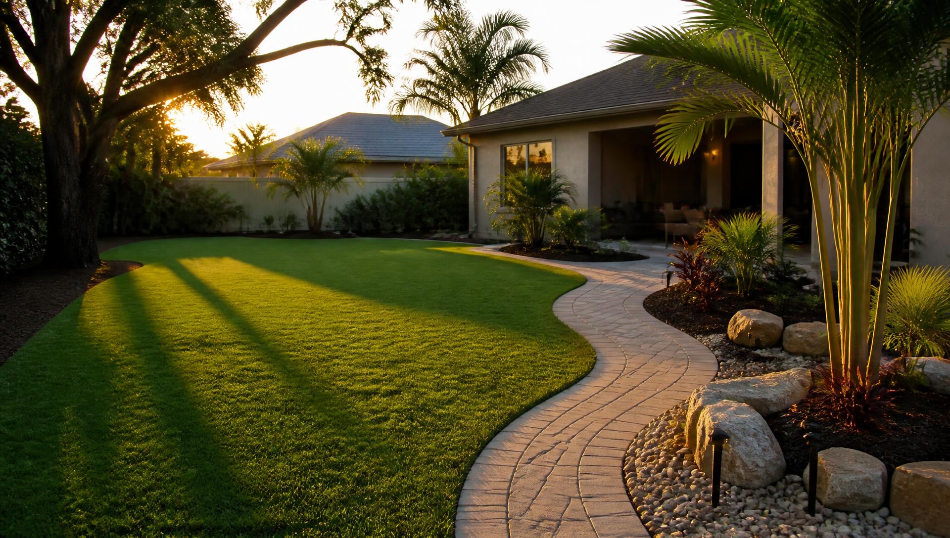 Renovated Central Florida backyard with fresh sod, a paver walkway and rock beds at sunset